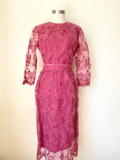 Vintage Rose Pink Floral Lace Sheath Dress with Sheer Sleeves
