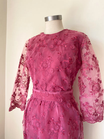 Vintage Rose Pink Floral Lace Sheath Dress with Sheer Sleeves