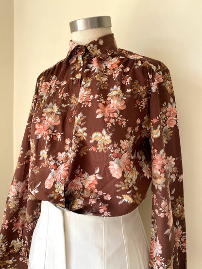 Vintage 70s Brown Floral Long-Sleeve Blouse