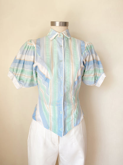 Vintage Pastel Striped Puff-Sleeve Blouse