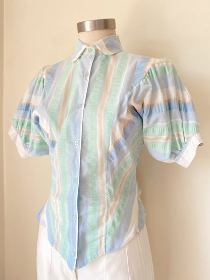 Vintage Pastel Striped Puff-Sleeve Blouse