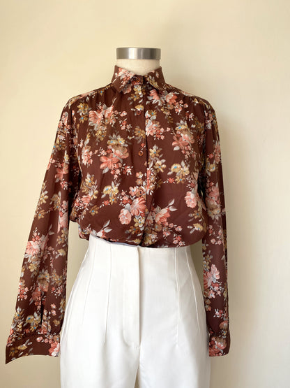 Vintage 70s Brown Floral Long-Sleeve Blouse