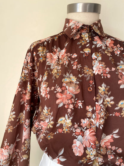 Vintage 70s Brown Floral Long-Sleeve Blouse